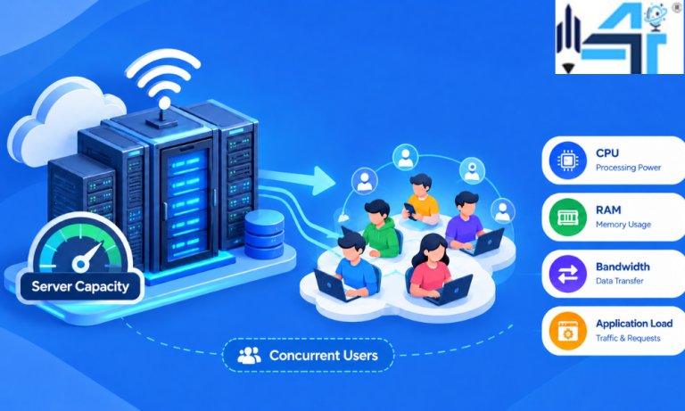 Server capacity and concurrent users with CPU, RAM, bandwidth, and application load metrics.
