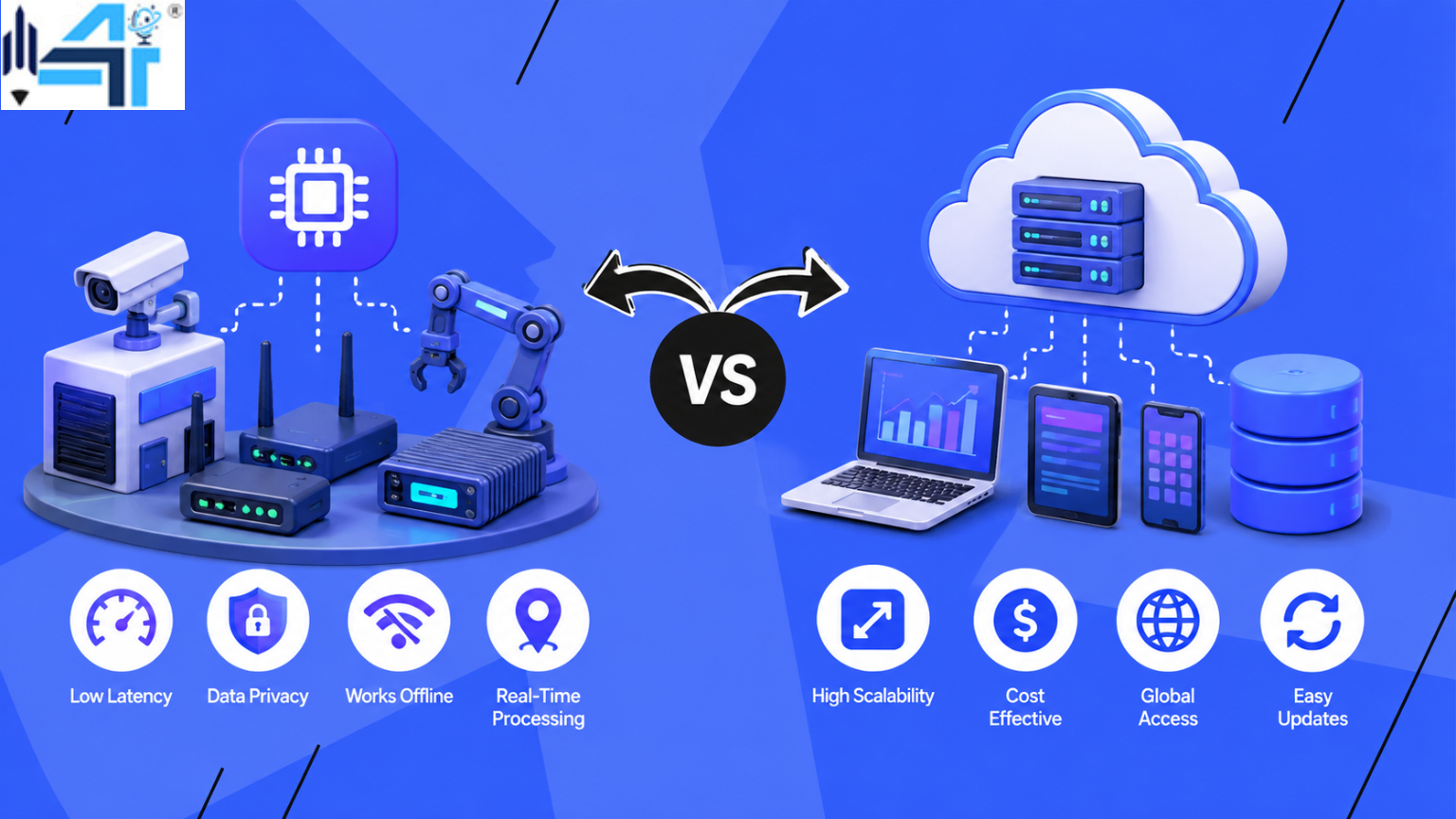 Edge computing vs cloud computing comparison showing IoT devices, local processing, cloud servers, and key benefits.