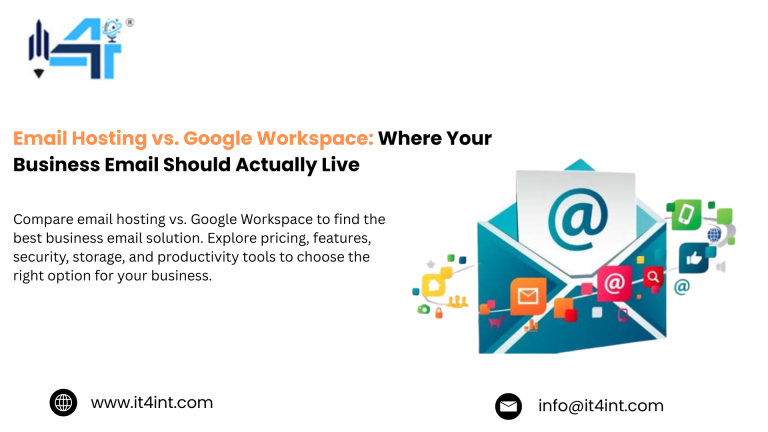 Email Hosting vs. Google Workspace comparison showing business email hosting options, features, costs, and productivity tools.